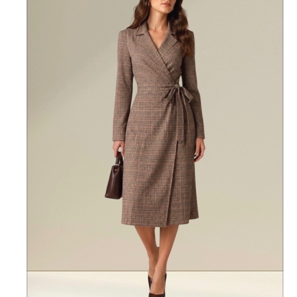 Alex Marie Women's  Caitlin Rust Plaid Long Sleeve Faux Wrap Midi Dress  XXL